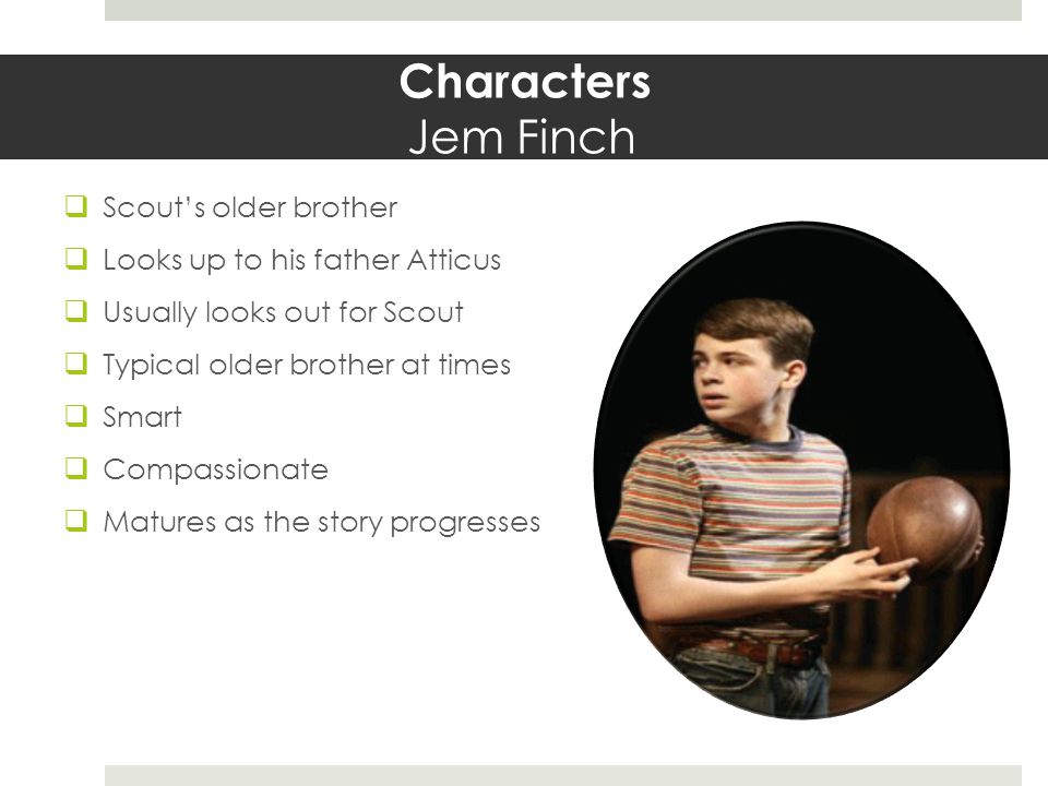 Characters Jem Finch  Scout’s older brother  Looks up to his father Atticus  Usually looks out for Scout  Typical older brother at times  Smart  Compassionate  Matures as the story progresses