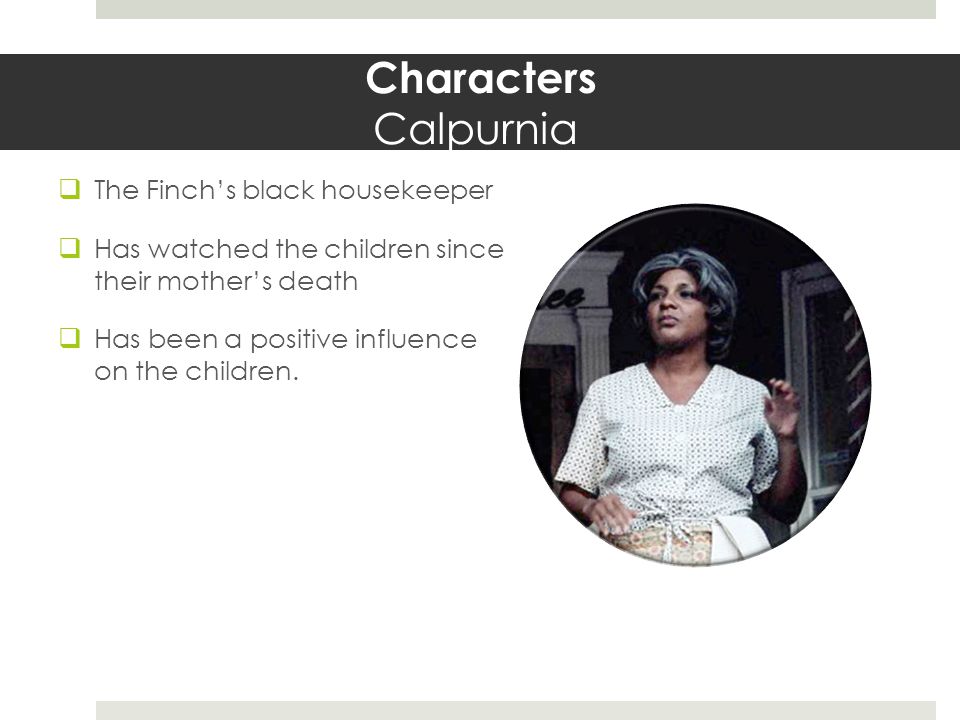 Characters Calpurnia  The Finch’s black housekeeper  Has watched the children since their mother’s death  Has been a positive influence on the children.