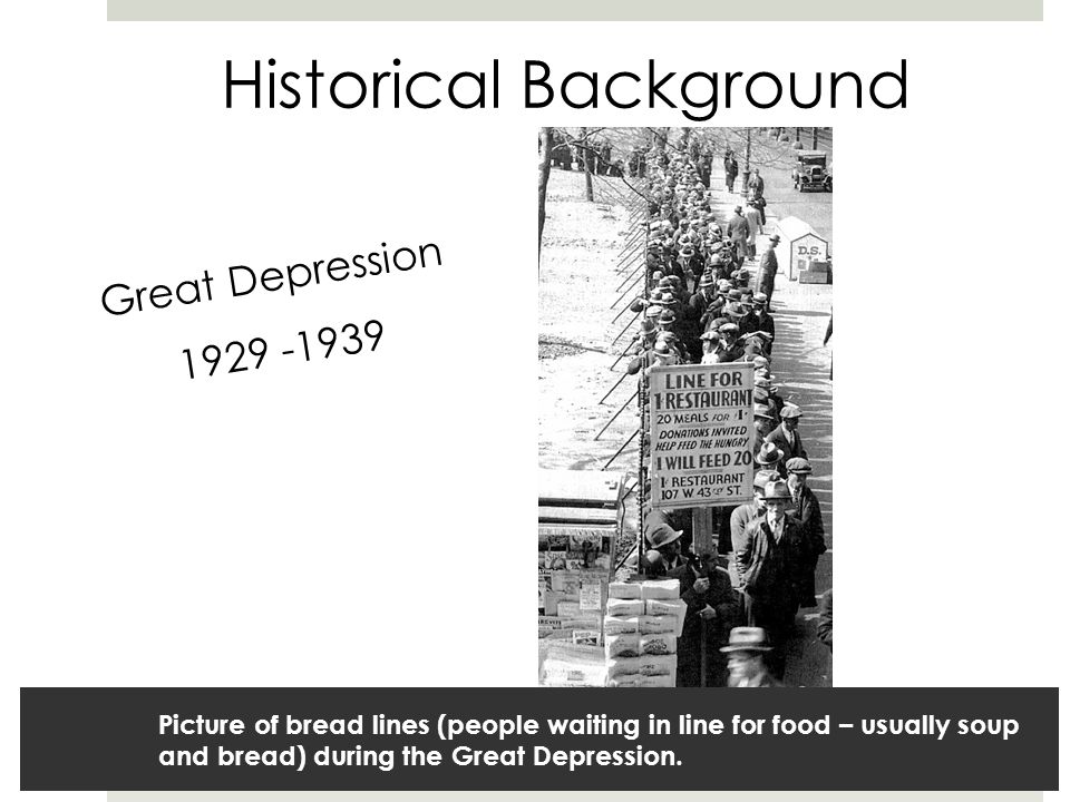 Picture of bread lines (people waiting in line for food – usually soup and bread) during the Great Depression.