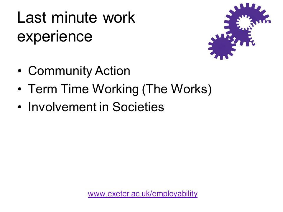 Last minute work experience Community Action Term Time Working (The Works) Involvement in Societies