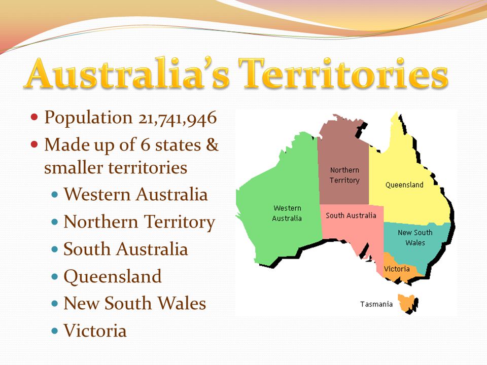 Population 21,741,946 Made up of 6 states & smaller territories Western Australia Northern Territory South Australia Queensland New South Wales Victoria
