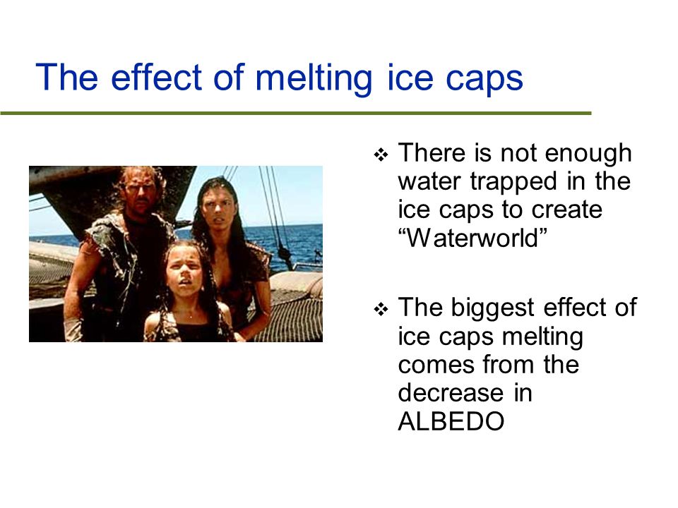 The effect of melting ice caps  There is not enough water trapped in the ice caps to create Waterworld  The biggest effect of ice caps melting comes from the decrease in ALBEDO