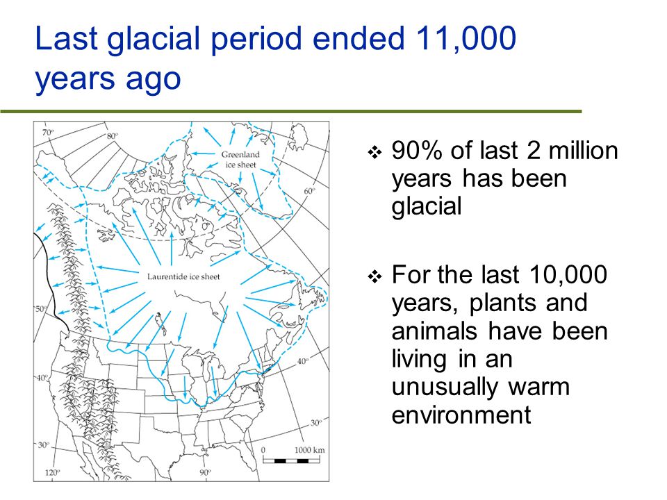 Last glacial period ended 11,000 years ago  90% of last 2 million years has been glacial  For the last 10,000 years, plants and animals have been living in an unusually warm environment
