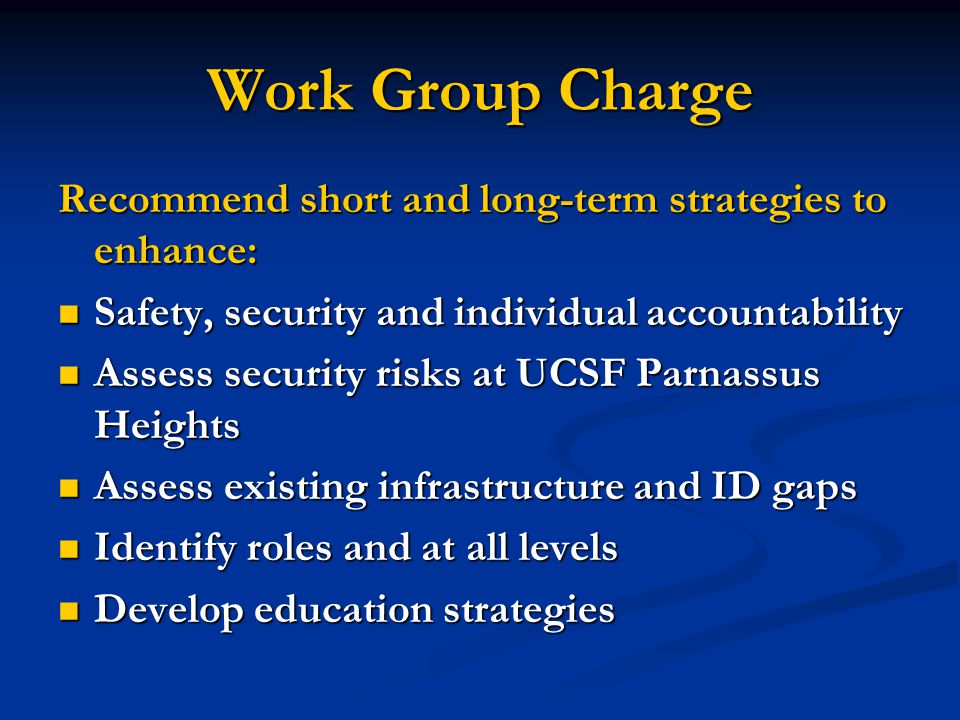 Work Group Charge Recommend short and long-term strategies to enhance: Safety, security and individual accountability Safety, security and individual accountability Assess security risks at UCSF Parnassus Heights Assess security risks at UCSF Parnassus Heights Assess existing infrastructure and ID gaps Assess existing infrastructure and ID gaps Identify roles and at all levels Identify roles and at all levels Develop education strategies Develop education strategies