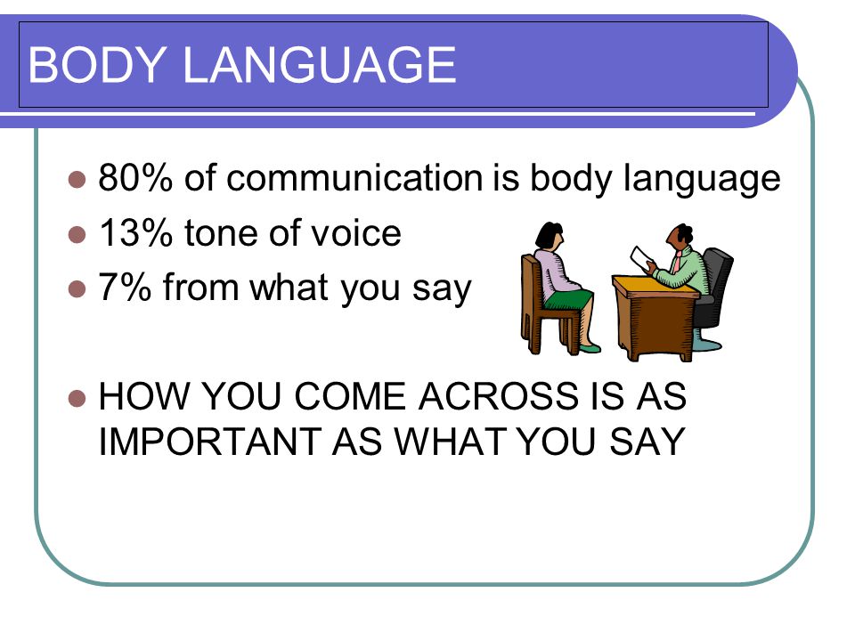 BODY LANGUAGE 80% of communication is body language 13% tone of voice 7% from what you say HOW YOU COME ACROSS IS AS IMPORTANT AS WHAT YOU SAY