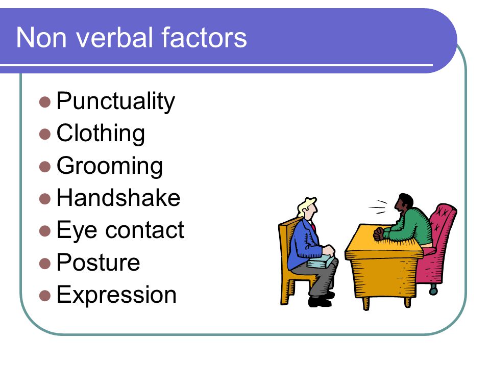 Non verbal factors Punctuality Clothing Grooming Handshake Eye contact Posture Expression