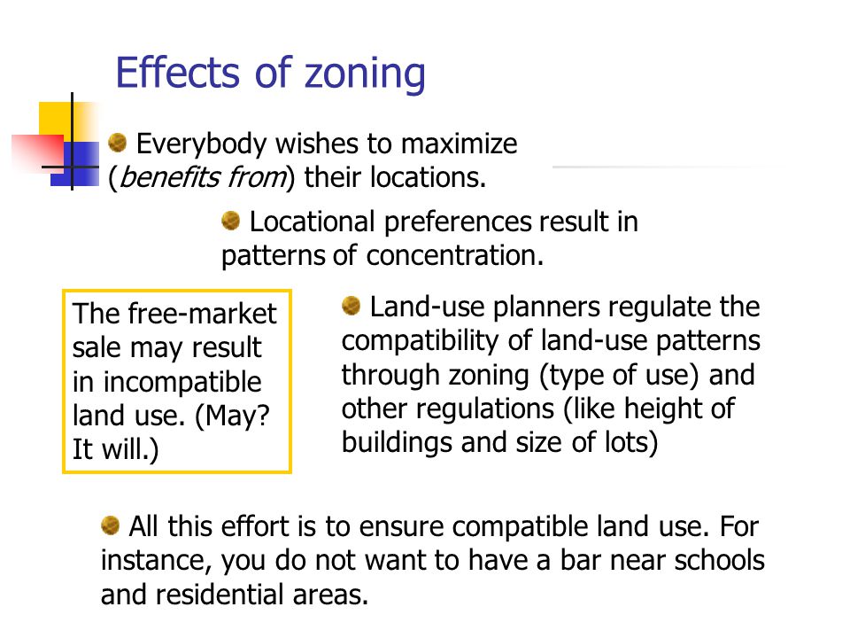 Effects of zoning Everybody wishes to maximize (benefits from) their locations.