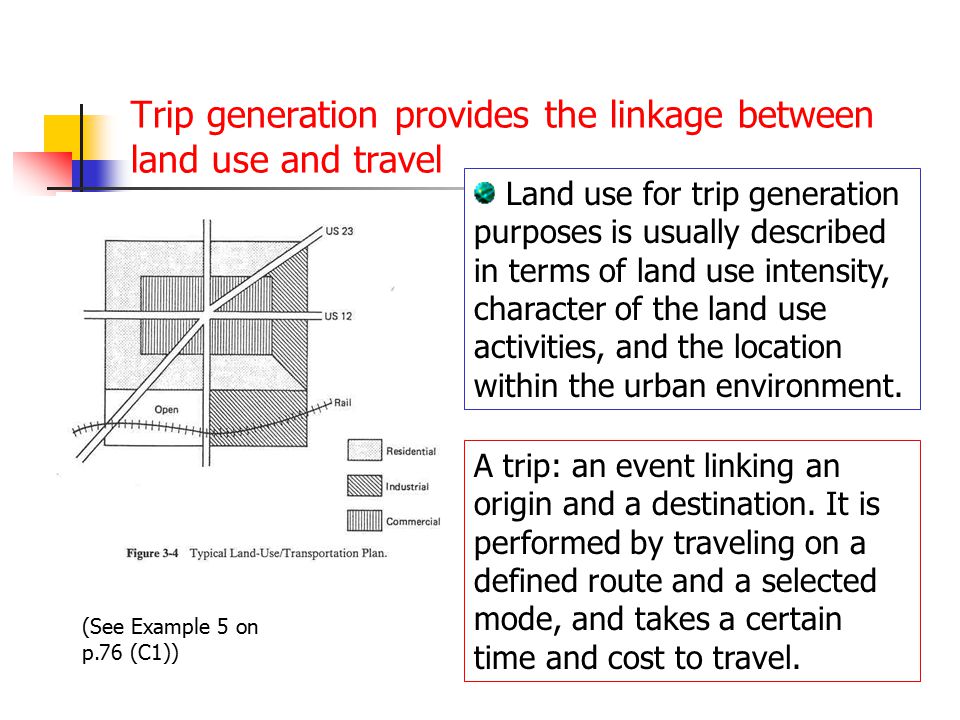 Trip generation provides the linkage between land use and travel (See Example 5 on p.76 (C1)) A trip: an event linking an origin and a destination.