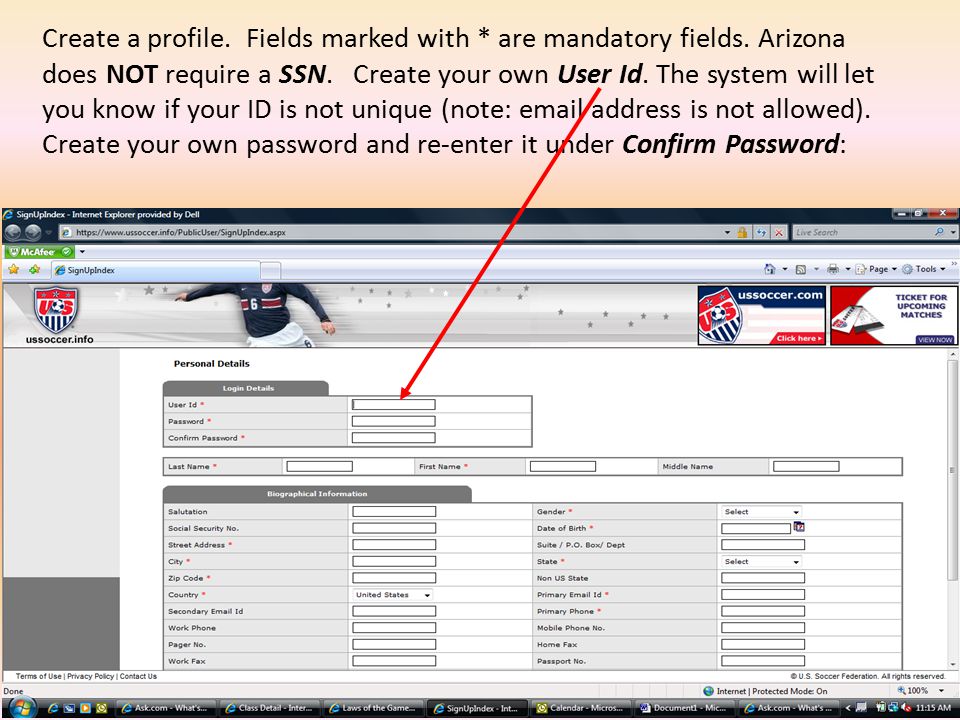 Create a profile. Fields marked with * are mandatory fields.