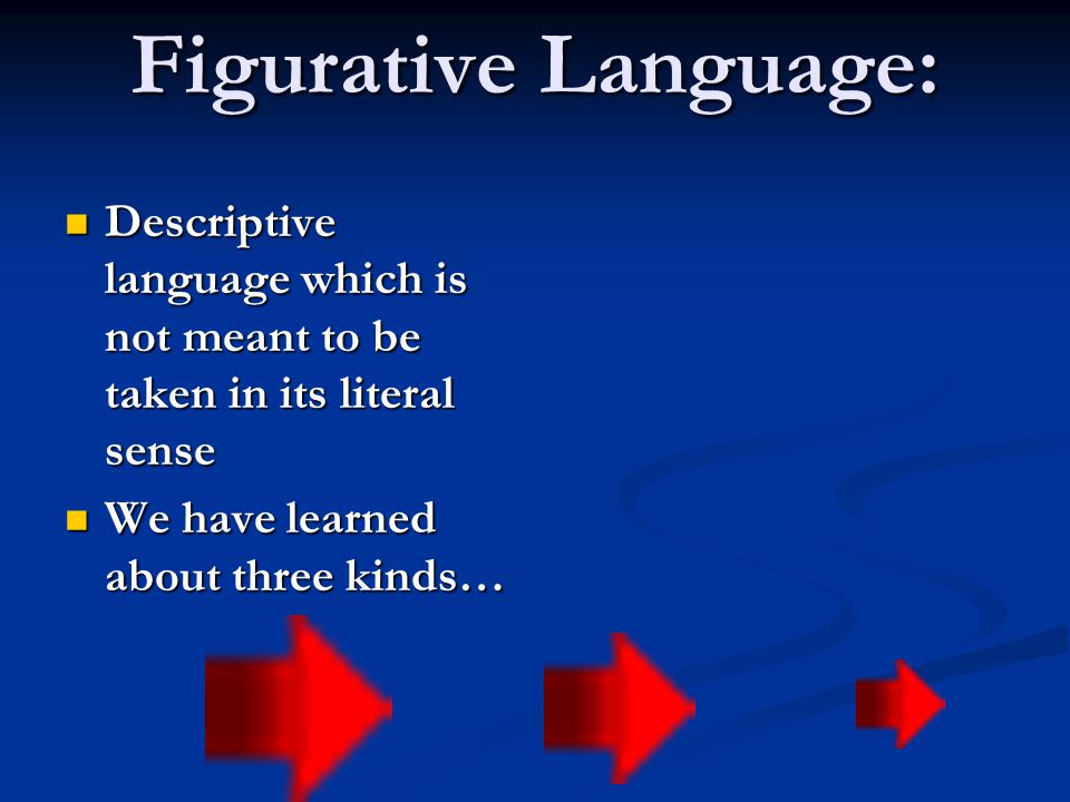 Figurative Language: Descriptive language which is not meant to be taken in its literal sense Descriptive language which is not meant to be taken in its literal sense We have learned about three kinds… We have learned about three kinds…