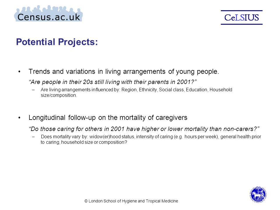 Potential Projects: Trends and variations in living arrangements of young people.