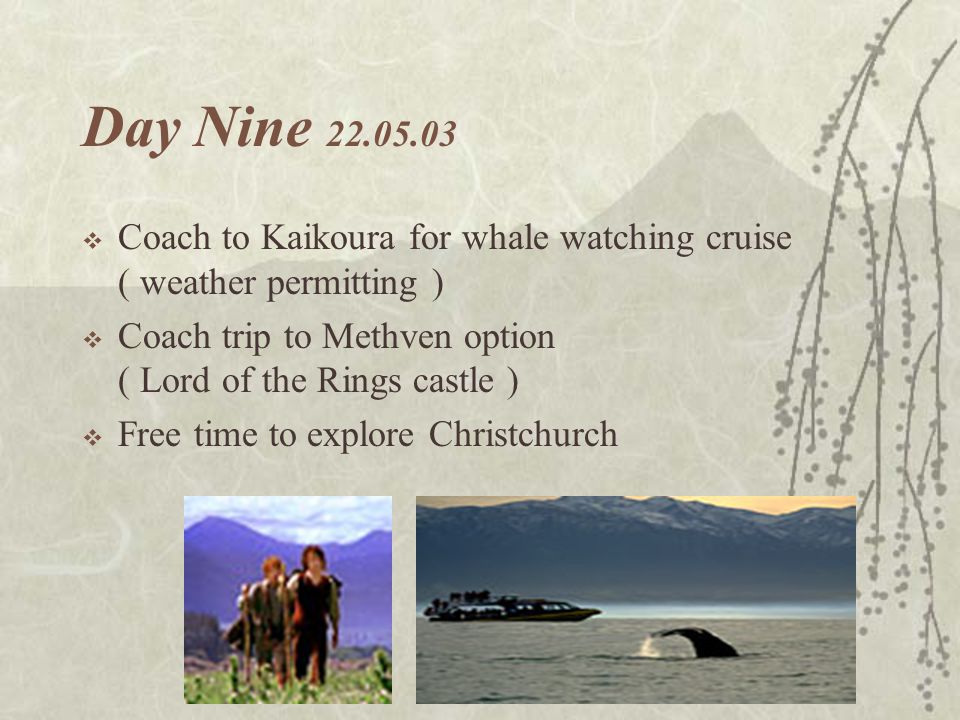 Day Nine  Coach to Kaikoura for whale watching cruise ( weather permitting )  Coach trip to Methven option ( Lord of the Rings castle )  Free time to explore Christchurch