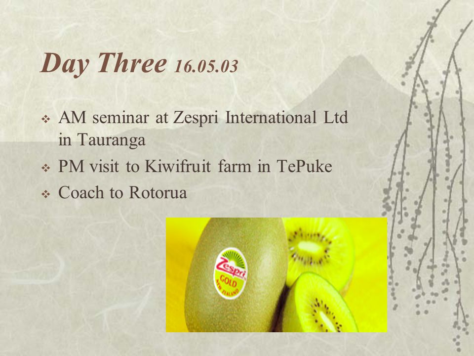 Day Three  AM seminar at Zespri International Ltd in Tauranga  PM visit to Kiwifruit farm in TePuke  Coach to Rotorua