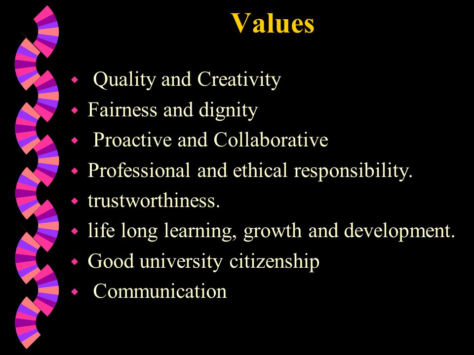 Values w Quality and Creativity w Fairness and dignity w Proactive and Collaborative w Professional and ethical responsibility.