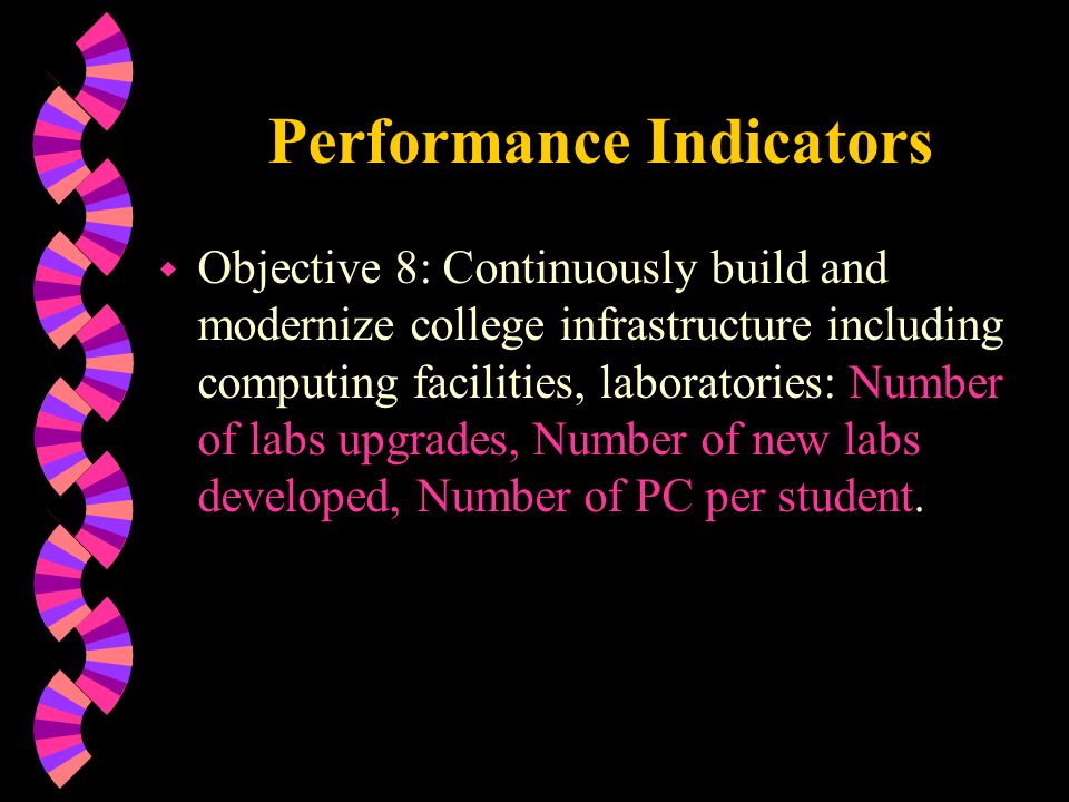 Performance Indicators w Objective 8: Continuously build and modernize college infrastructure including computing facilities, laboratories: Number of labs upgrades, Number of new labs developed, Number of PC per student.