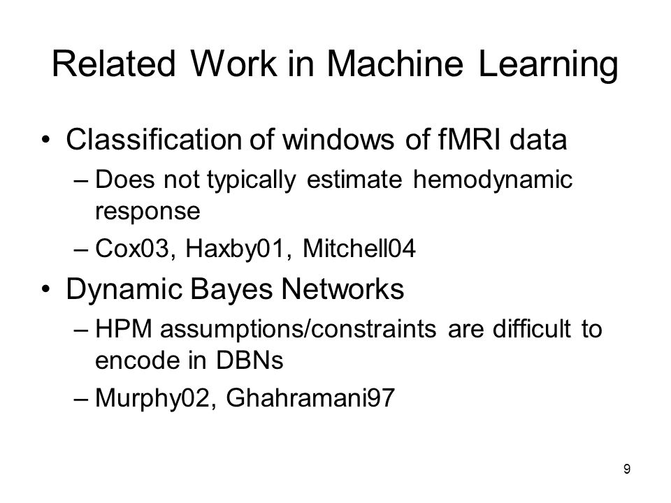 9 Related Work in Machine Learning Classification of windows of fMRI data –Does not typically estimate hemodynamic response –Cox03, Haxby01, Mitchell04 Dynamic Bayes Networks –HPM assumptions/constraints are difficult to encode in DBNs –Murphy02, Ghahramani97