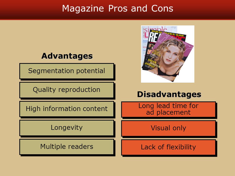 Magazine Pros and Cons Segmentation potential Quality reproduction High information content Longevity Multiple readers Advantages Visual only Long lead time for ad placement Lack of flexibility Disadvantages