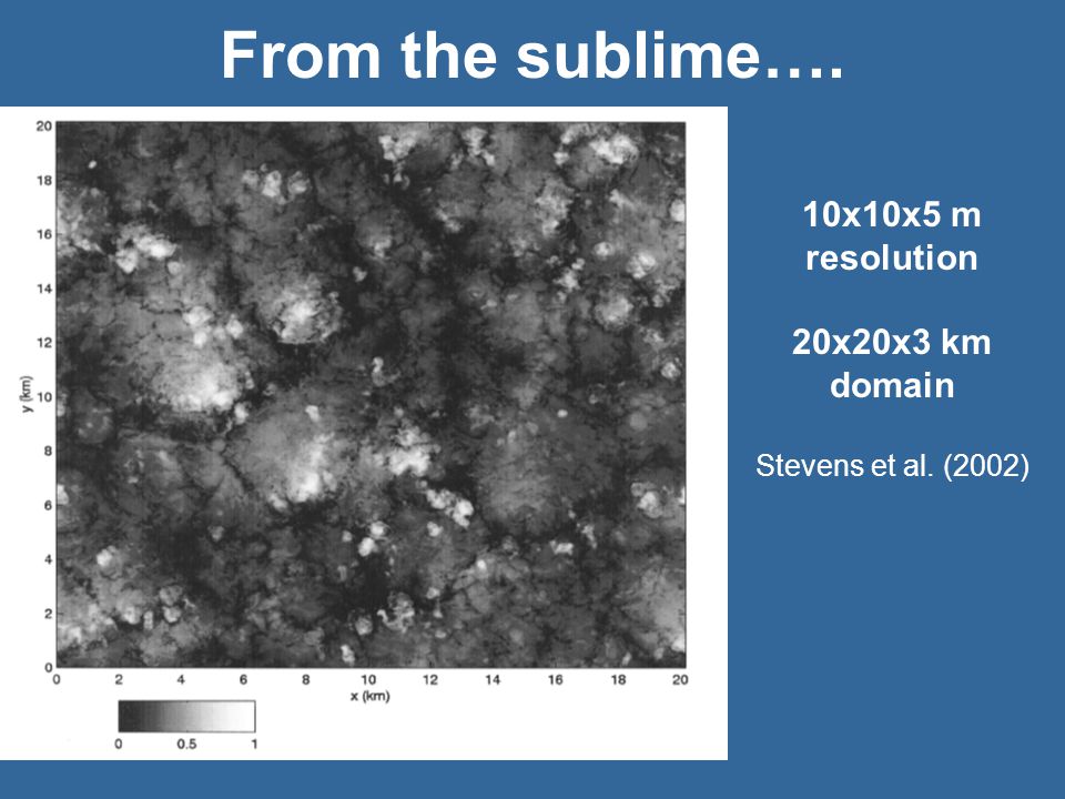 From the sublime…. 10x10x5 m resolution 20x20x3 km domain Stevens et al. (2002)