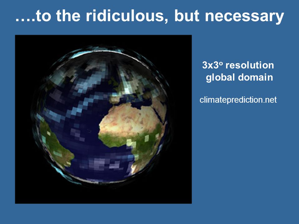 ….to the ridiculous, but necessary 3x3 o resolution global domain climateprediction.net