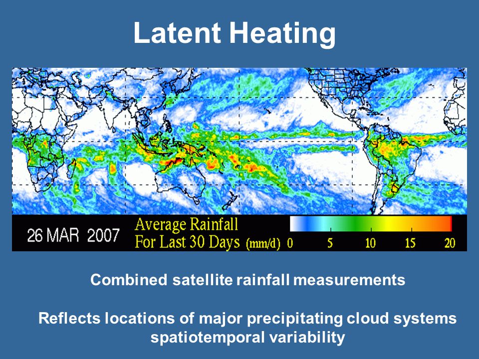 Combined satellite rainfall measurements Reflects locations of major precipitating cloud systems spatiotemporal variability Latent Heating