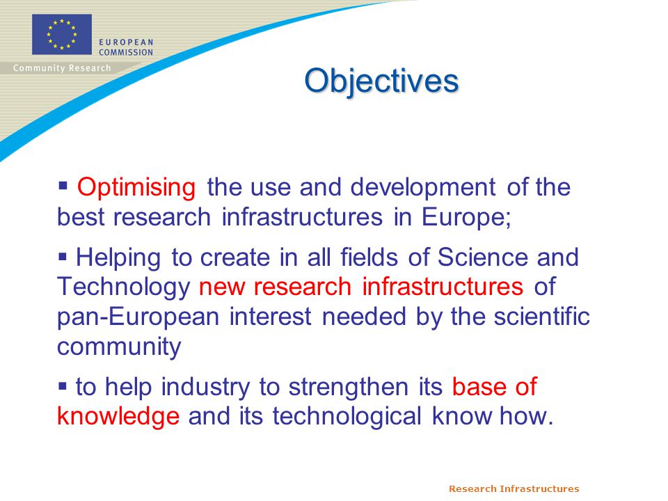 Research Infrastructures  Optimising the use and development of the best research infrastructures in Europe;  Helping to create in all fields of Science and Technology new research infrastructures of pan-European interest needed by the scientific community  to help industry to strengthen its base of knowledge and its technological know how.