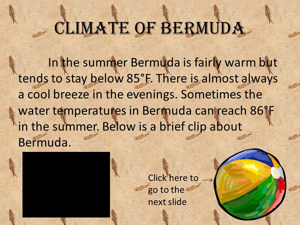 Climate of Bermuda In the summer Bermuda is fairly warm but tends to stay below 85°F.