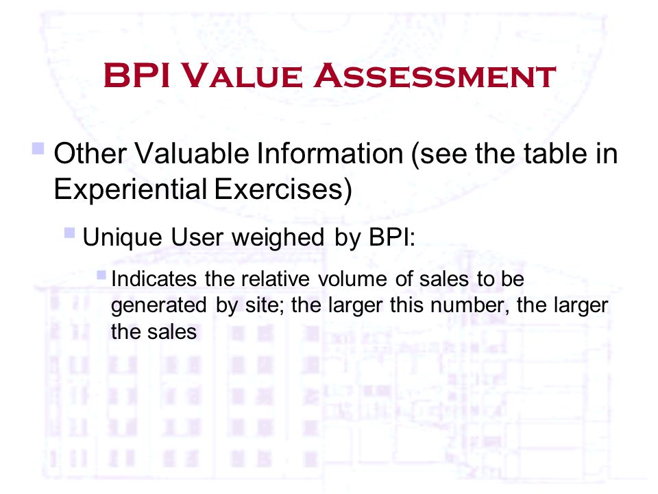 BPI Value Assessment  Other Valuable Information (see the table in Experiential Exercises)  Unique User weighed by BPI:  Indicates the relative volume of sales to be generated by site; the larger this number, the larger the sales