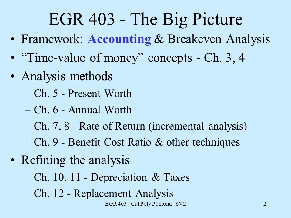 EGR Cal Poly Pomona - SV22 EGR The Big Picture Framework: Accounting & Breakeven Analysis Time-value of money concepts - Ch.