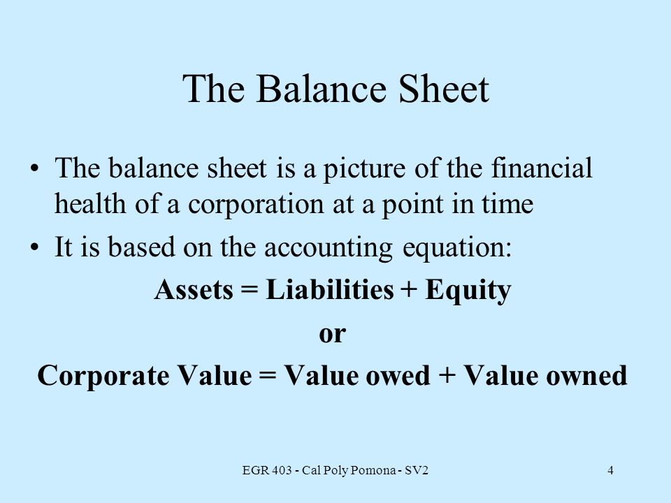 EGR Cal Poly Pomona - SV24 The Balance Sheet The balance sheet is a picture of the financial health of a corporation at a point in time It is based on the accounting equation: Assets = Liabilities + Equity or Corporate Value = Value owed + Value owned