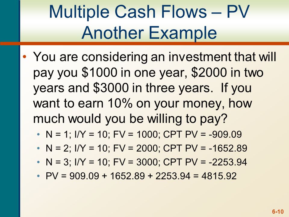 6-10 Multiple Cash Flows – PV Another Example You are considering an investment that will pay you $1000 in one year, $2000 in two years and $3000 in three years.