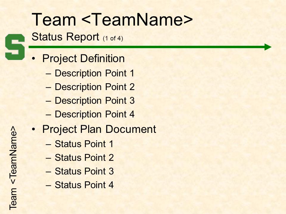 Team Status Report (1 of 4) Project Definition –Description Point 1 –Description Point 2 –Description Point 3 –Description Point 4 Project Plan Document –Status Point 1 –Status Point 2 –Status Point 3 –Status Point 4 Team