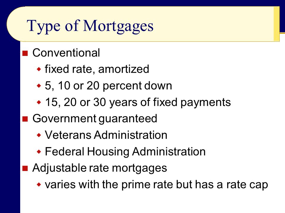 Conventional  fixed rate, amortized  5, 10 or 20 percent down  15, 20 or 30 years of fixed payments Government guaranteed  Veterans Administration  Federal Housing Administration Adjustable rate mortgages  varies with the prime rate but has a rate cap Type of Mortgages