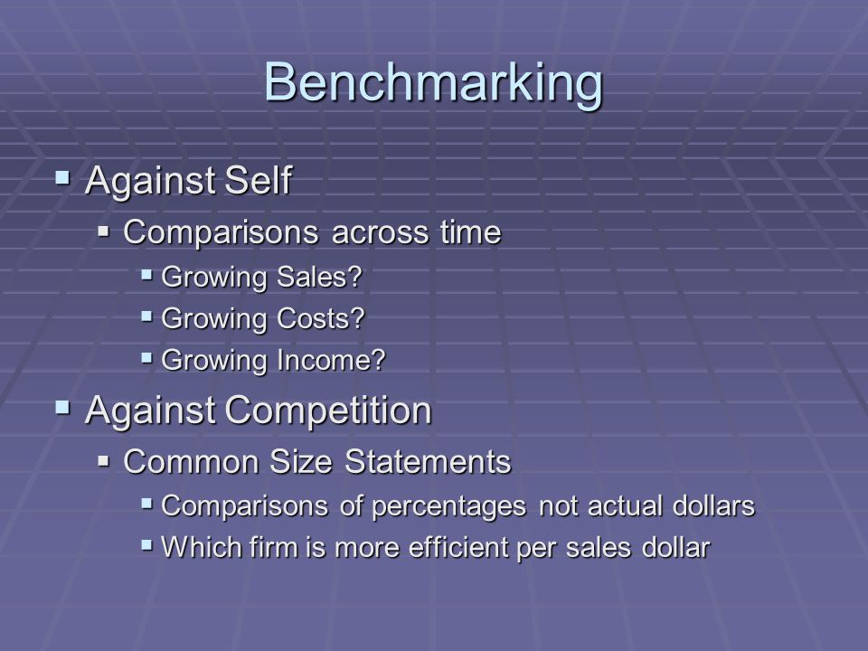 Benchmarking  Against Self  Comparisons across time  Growing Sales.