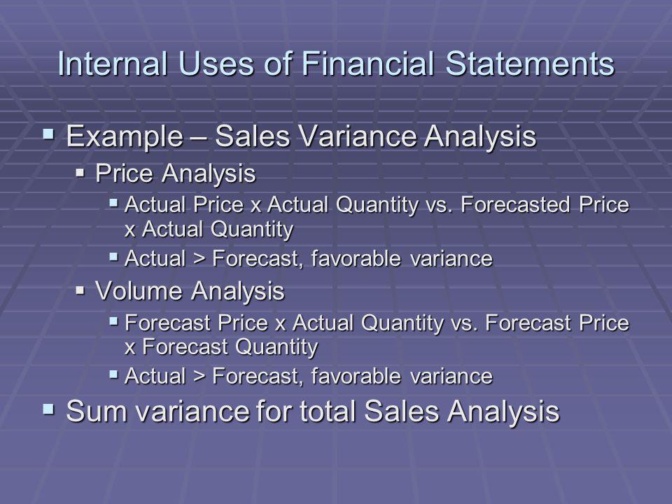 Internal Uses of Financial Statements  Example – Sales Variance Analysis  Price Analysis  Actual Price x Actual Quantity vs.