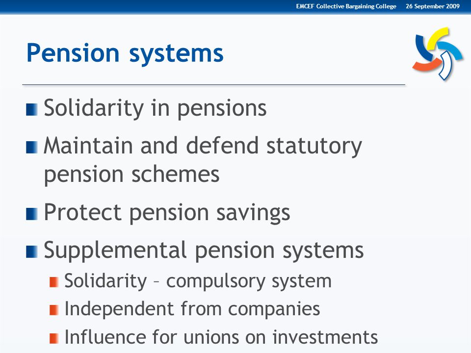 Pension systems Solidarity in pensions Maintain and defend statutory pension schemes Protect pension savings Supplemental pension systems Solidarity – compulsory system Independent from companies Influence for unions on investments 26 September 2009EMCEF Collective Bargaining College