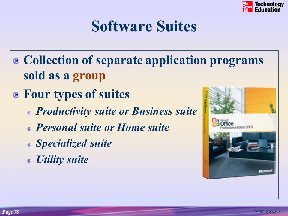 CE06_PP03-35 Software Suites Collection of separate application programs sold as a group Four types of suites Productivity suite or Business suite Personal suite or Home suite Specialized suite Utility suite Page 78