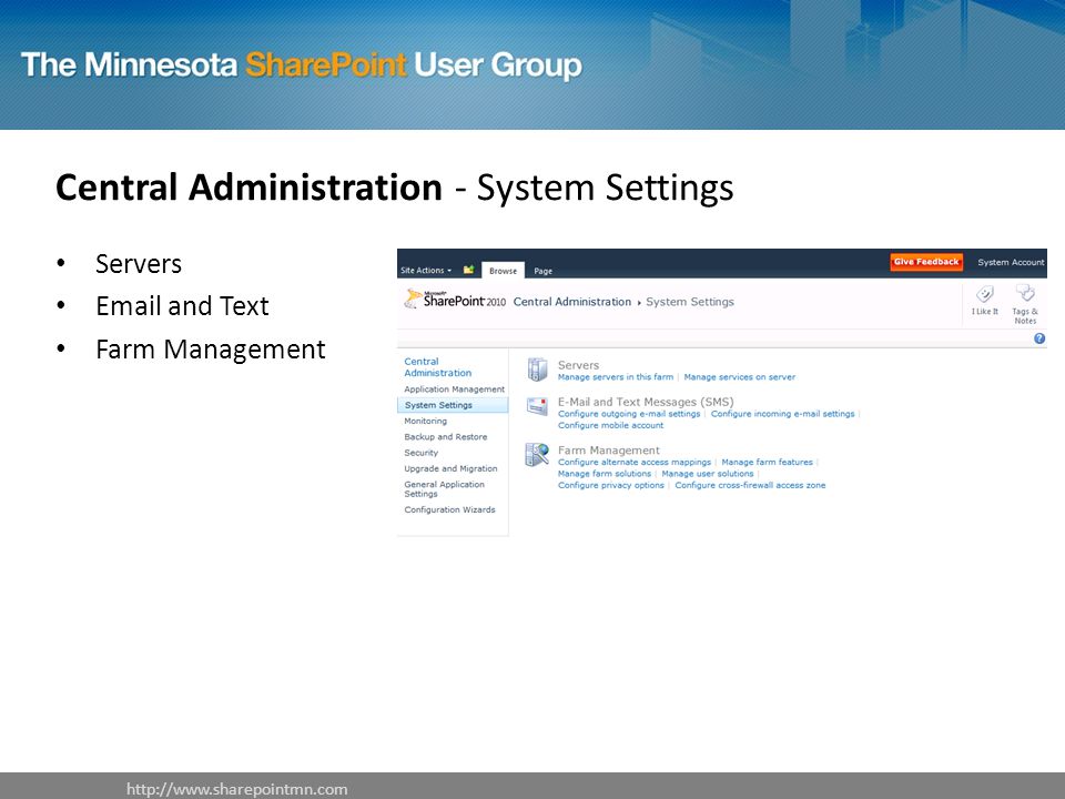 Central Administration - System Settings Servers  and Text Farm Management