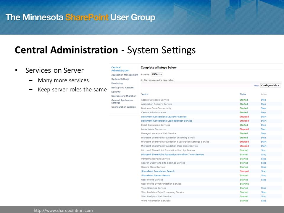 Central Administration - System Settings Services on Server – Many more services – Keep server roles the same