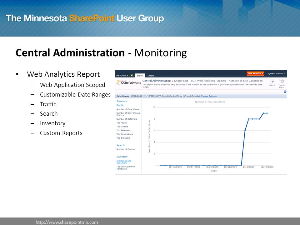 Central Administration - Monitoring Web Analytics Report – Web Application Scoped – Customizable Date Ranges – Traffic – Search – Inventory – Custom Reports