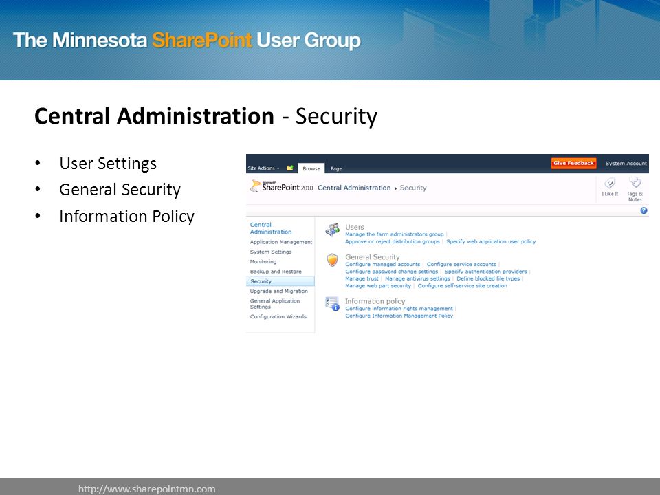 Central Administration - Security User Settings General Security Information Policy