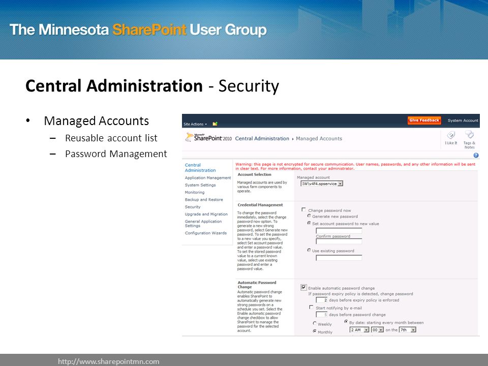 Central Administration - Security Managed Accounts – Reusable account list – Password Management