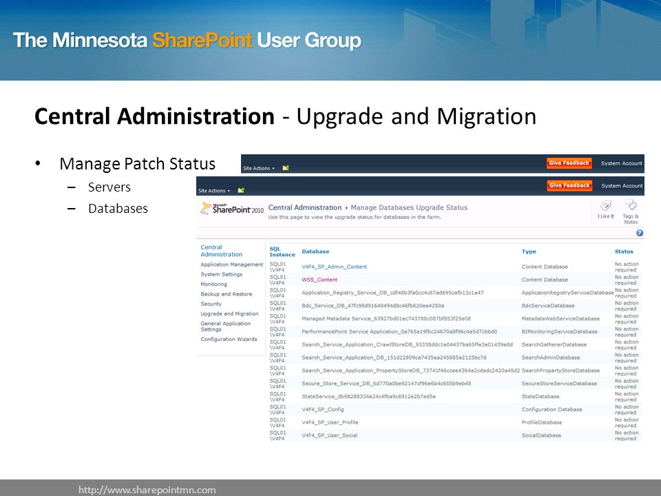 Central Administration - Upgrade and Migration Manage Patch Status – Servers – Databases