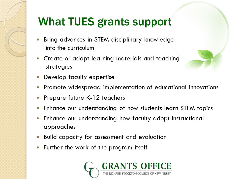 What TUES grants support Bring advances in STEM disciplinary knowledge into the curriculum Create or adapt learning materials and teaching strategies Develop faculty expertise Promote widespread implementation of educational innovations Prepare future K-12 teachers Enhance our understanding of how students learn STEM topics Enhance our understanding how faculty adopt instructional approaches Build capacity for assessment and evaluation Further the work of the program itself