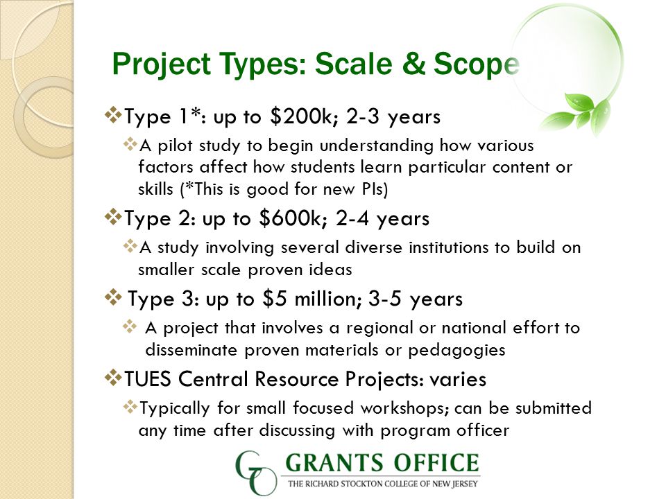 Project Types: Scale & Scope  Type 1*: up to $200k; 2-3 years  A pilot study to begin understanding how various factors affect how students learn particular content or skills (*This is good for new PIs)  Type 2: up to $600k; 2-4 years  A study involving several diverse institutions to build on smaller scale proven ideas  Type 3: up to $5 million; 3-5 years  A project that involves a regional or national effort to disseminate proven materials or pedagogies  TUES Central Resource Projects: varies  Typically for small focused workshops; can be submitted any time after discussing with program officer