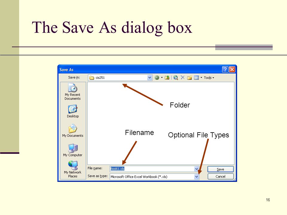 XP 16 The Save As dialog box Folder Filename Optional File Types
