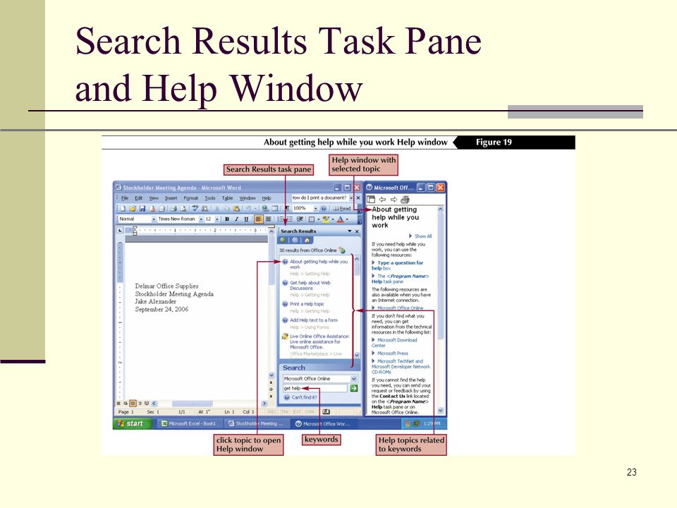 XP 23 Search Results Task Pane and Help Window