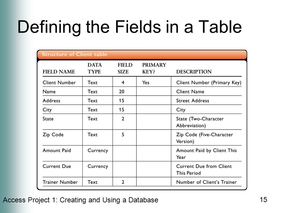 Access Project 1: Creating and Using a Database 15 Defining the Fields in a Table