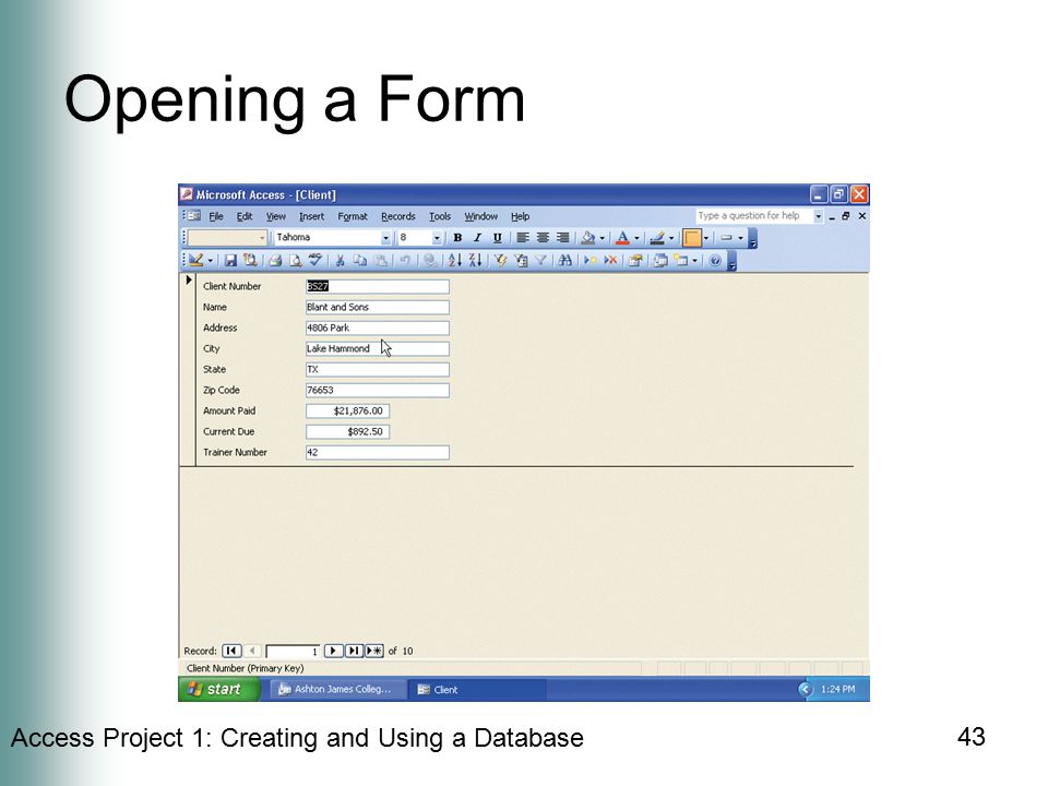 Access Project 1: Creating and Using a Database 43 Opening a Form