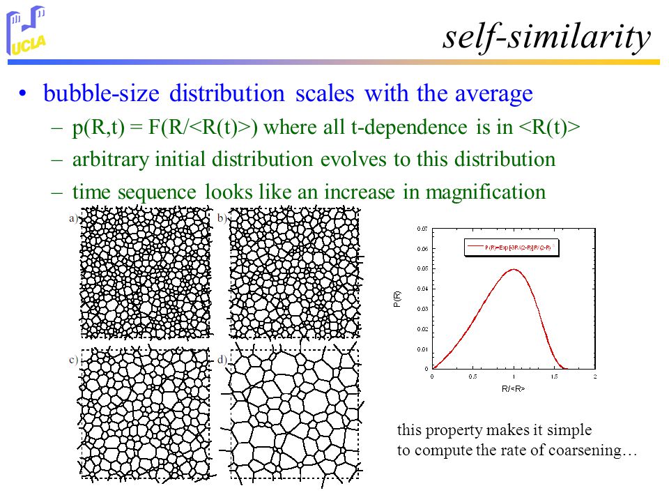 self-similarity bubble-size distribution scales with the average –p(R,t) = F(R/ ) where all t-dependence is in –arbitrary initial distribution evolves to this distribution –time sequence looks like an increase in magnification this property makes it simple to compute the rate of coarsening…