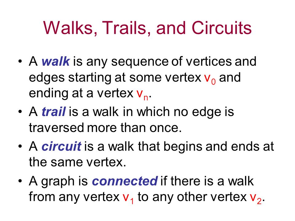 Walks, Trails, and Circuits A walk is any sequence of vertices and edges starting at some vertex v 0 and ending at a vertex v n.